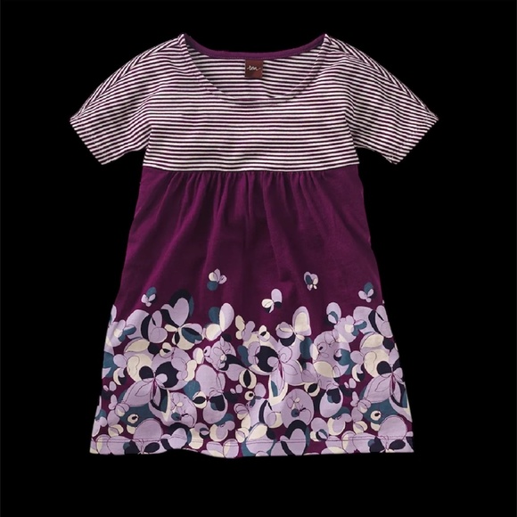 Tea Collection Parma Italy Henley Dress Purple Stripe & Floral Butterfly Size 6 - Picture 3 of 7